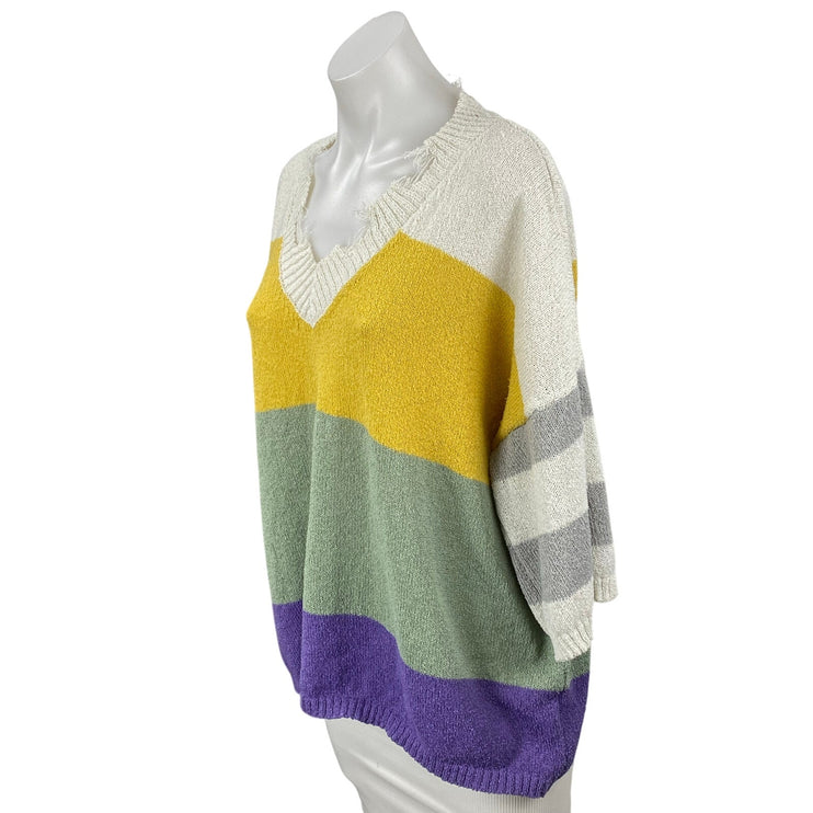 La Miel Women's Multicolor Colorblock Striped Distressed V Neck Sweater Top S