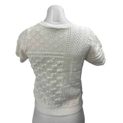 Heartloom Women's White Eyelet Crochet Knit Crewneck Short Sleeve Sweater Top M