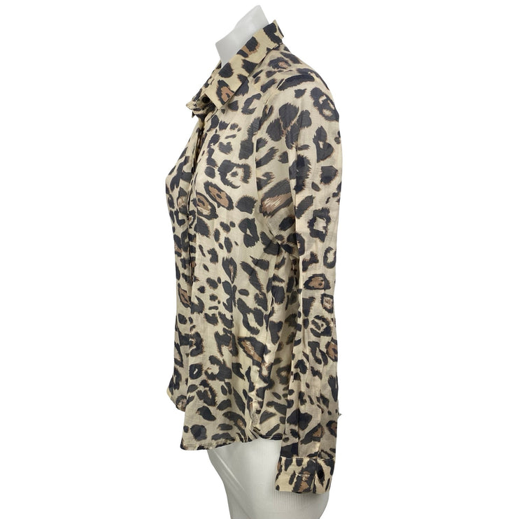 Emi-Jo Women's Leopard Print Collared Long Sleeve Button Down Shirt Blouse Top M
