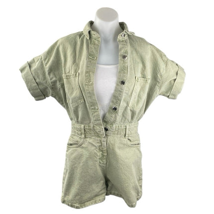 Zara Women's Green Short Sleeve Button Front Pocket Denim Jumpsuit Romper Size S