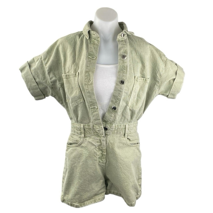 Zara Women's Green Short Sleeve Button Front Pocket Denim Jumpsuit Romper Size S