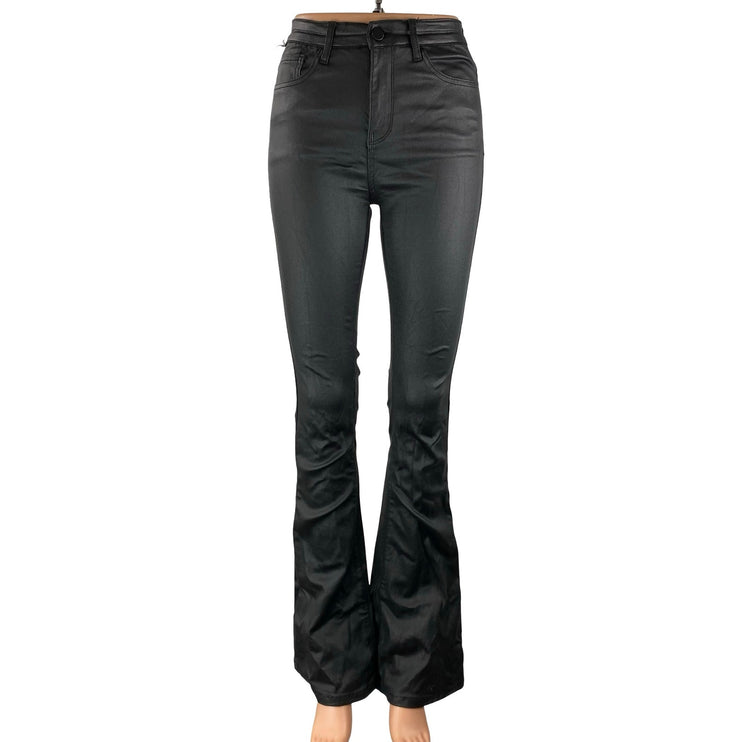 Edikted Women's Black Faux Vegan Leather High Rise Skinny Flare Trousers Pants S
