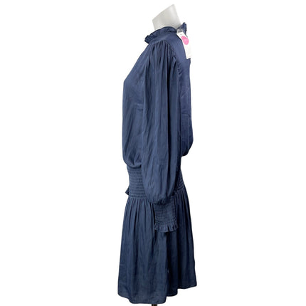 NEW Mustard Seed Navy Blue Smocked Long Sleeve Ruffle Mock Neck Mini Dress Sz L