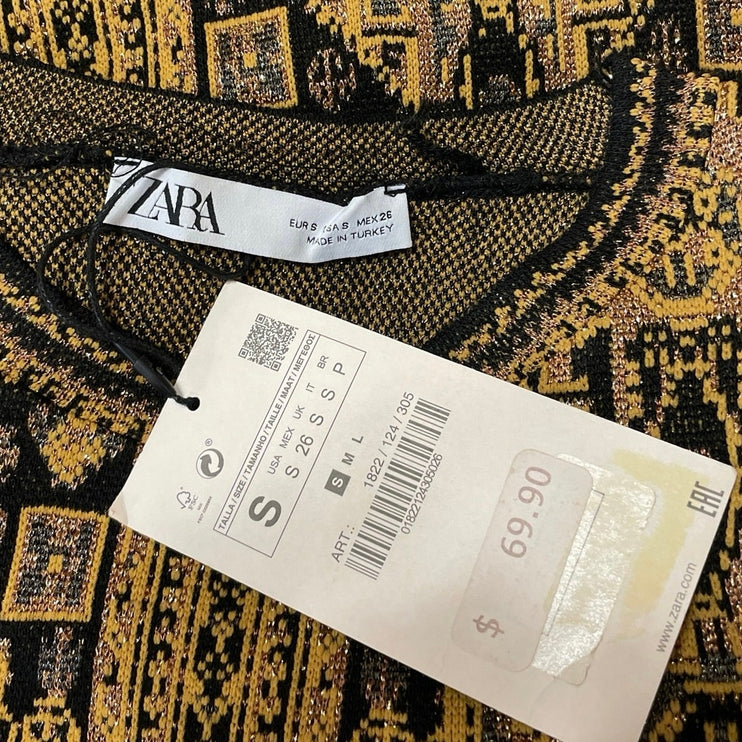 NEW Zara Gold Metallic Jacquard Long Balloon Sleeve Mini Sweater Dress Size S