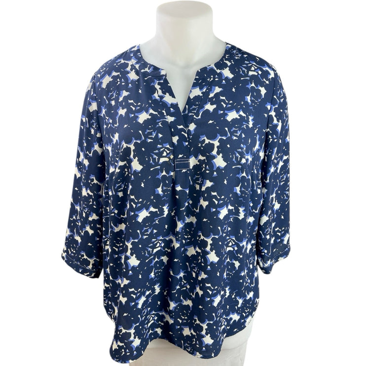 Talbots Women's Navy Blue Floral Half Sleeve Notch Neck Shirt Blouse Top Size XL