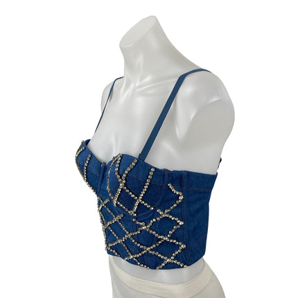 Women's Blue Rhinestone Bustier Corset Sleeveless Denim Jean Crop Top Size 6