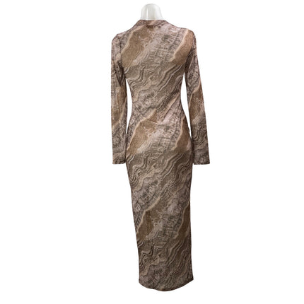 Jluxlabel Women's Beige Printed Long Sleeve Mock Neck T Shirt Maxi Dress Size M