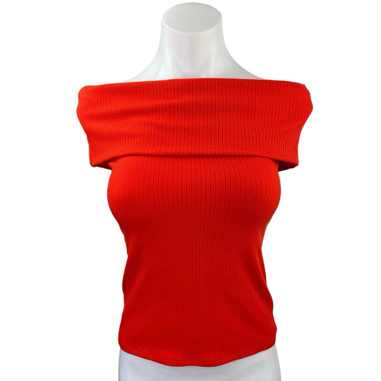 A New Day Red Ribbed Stretch Knit Short Sleeve Off the Shoulder Top Blouse XS