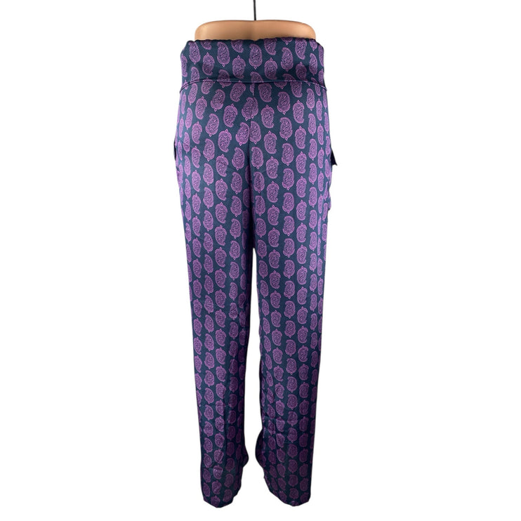 NEW Natura Women's Purple Silky Satin Paisley Pleated Straight Trousers Pants XL