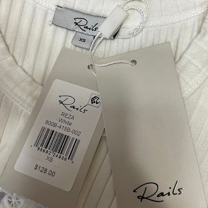 NEW Rails Reza White Flutter Sleeve Floral Embroidered Ribbed Knit Blouse Top XS