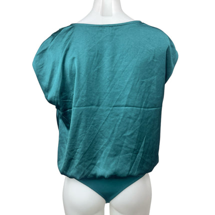 Express Womens Blue Teal Silk Satin Cowl Neck Short Sleeve Blouse Bodysuit Top M