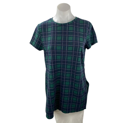 Zara Women's Green Plaid Short Sleeve Side Slit Crew Neck Blouse Top Size M