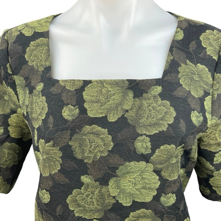 Vintage Yargici Black Green Floral Square Neck Short Sleeve Blouse Top Size L