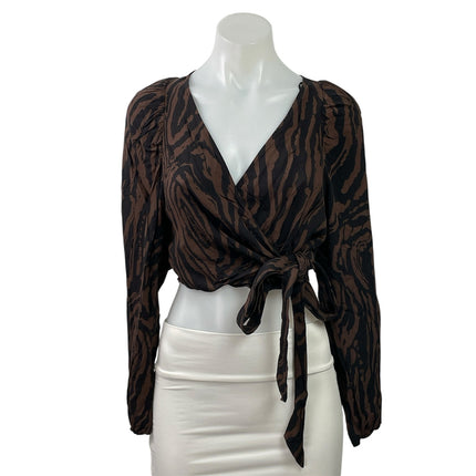 H&M Brown Black Zebra Long Sleeve V Neck Wrap Tie Cropped Blouse Top Size S