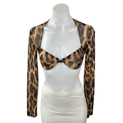 Edikted Women's Leopard Print Mesh Sheer Long Sleeve Bolero Shrug Bra Top Size M