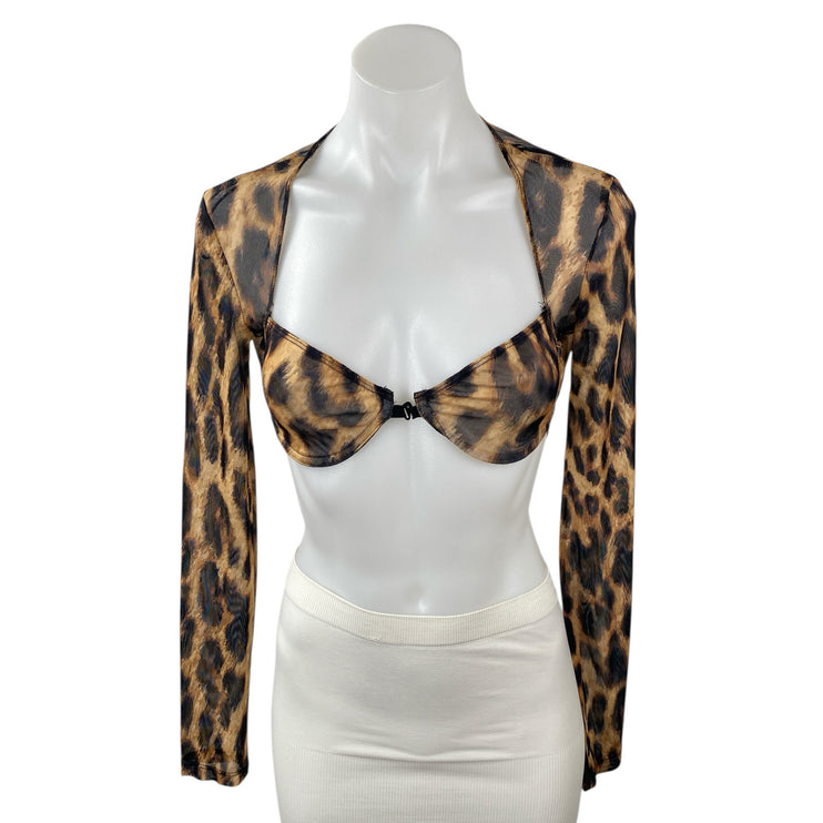 Edikted Women's Leopard Print Mesh Sheer Long Sleeve Bolero Shrug Bra Top Size M