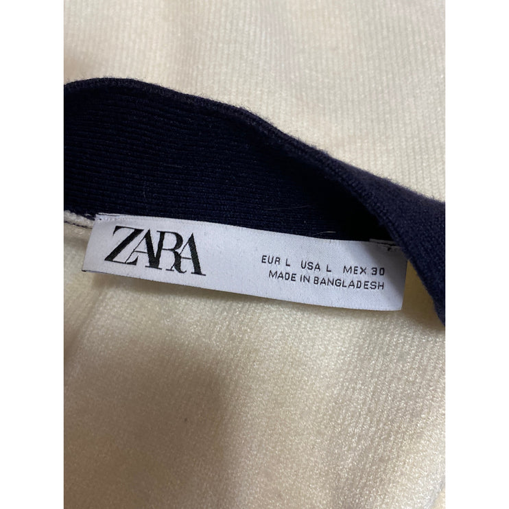 Zara Women's Cream Black Button Down V-Neck Long Sleeve Knit Cardigan Sweater L