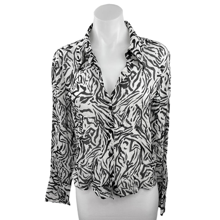 Zara Black White Zebra Animal Print Button Up Collar Long Sleeve Shirt Top Sz M