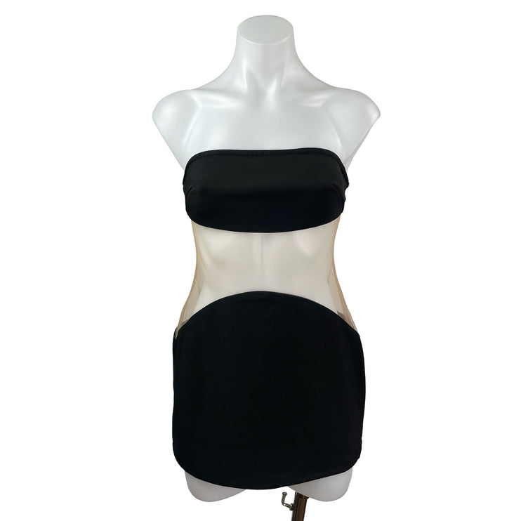 PrettyLittleThing Black Mesh Sheer Waist Strapless Bandeau Mini Bodycon Dress 4