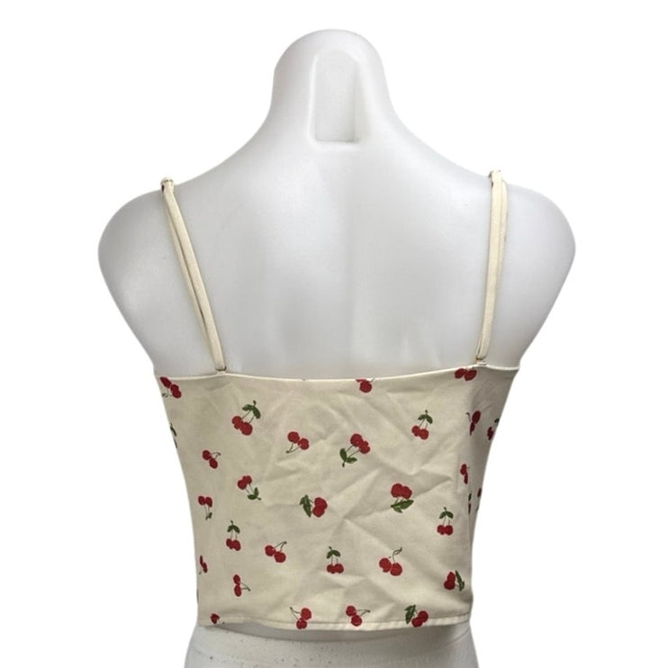 RESA Cream Red Cherry Print Sleeveless Corset Bustier Button Cami Crop Top M