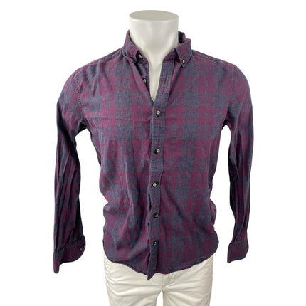 Men's Purple Plaid Checkered Collared Long Sleeve Casual Button Down Shirt Top S