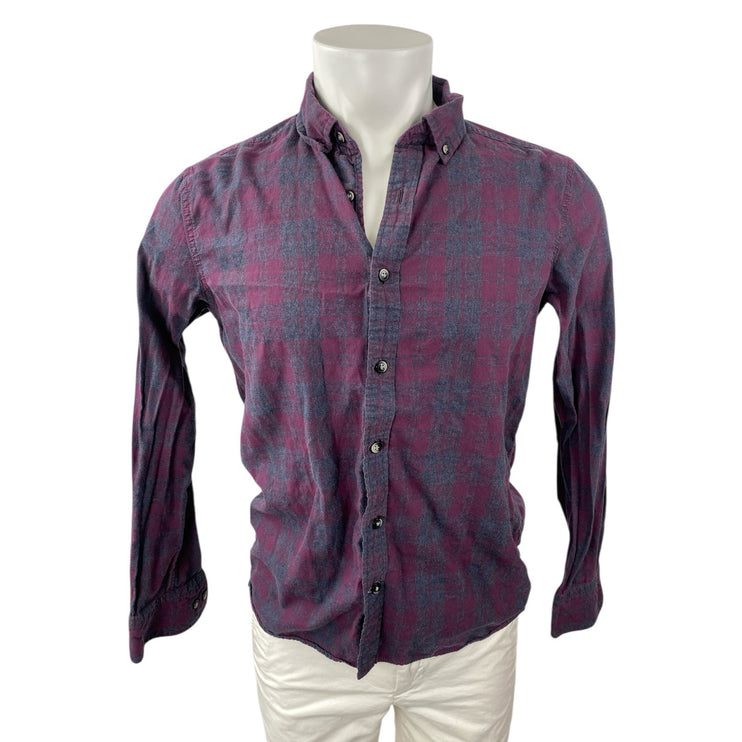Men's Purple Plaid Checkered Collared Long Sleeve Casual Button Down Shirt Top S