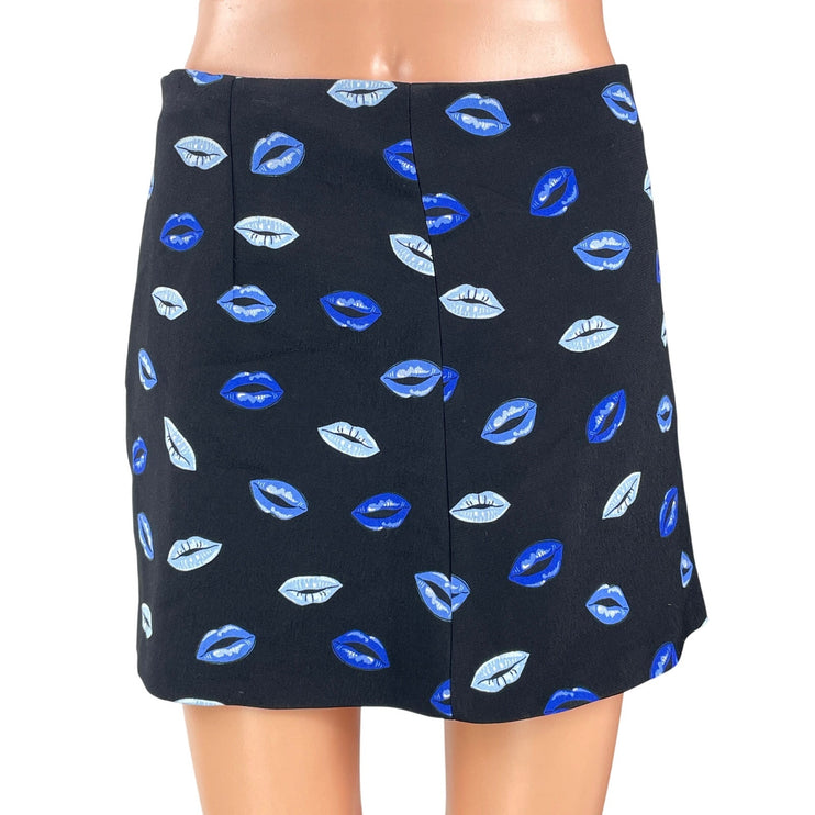 Zara Women's Black Blue Lips Graphic Print High Waist A Line Mini Skirt Size S