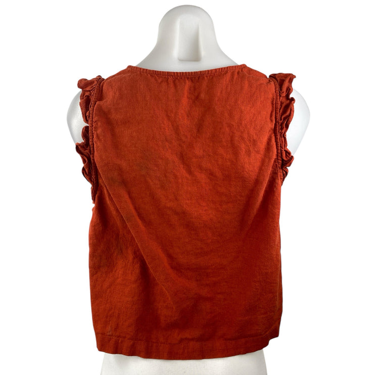 Madewell Rust Coral Linen Ruffle Sleeve V Neck Button Down Boxy Tank Shirt Top 4