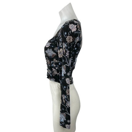 Aritzia Wilfred Women Black Floral Long Sleeve Square Neck Knit Crop Top Size S