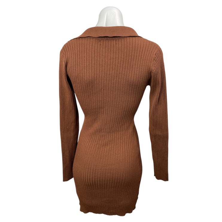 Love Tree Brown Ribbed Long Sleeve Collared Mini Bodycon Polo Sweater Dress Sz S