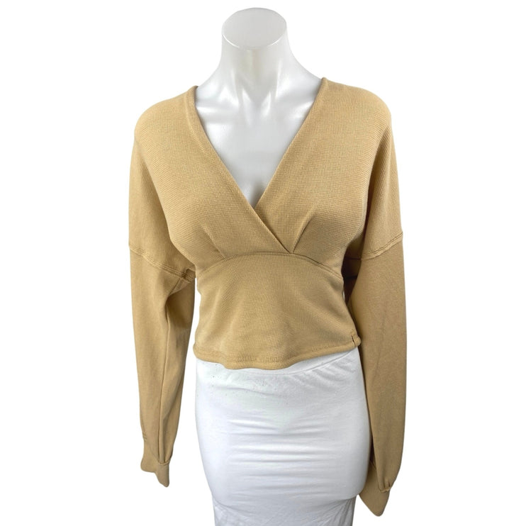 Free People Cream Tan Long Sleeve Faux Wrap V-Neck Crop Sweater Blouse Top Sz L