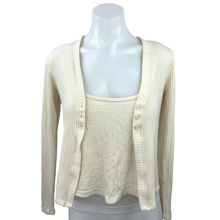 Beyond Yoga Cream Ribbed Knit Button Up Cardigan Tank Top 2 Piece Set Size S