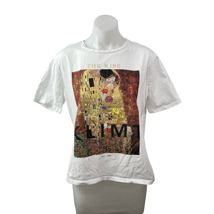 Zara Women's White The Kiss Klimt Painting Short Sleeve T Shirt Tee Top Size S