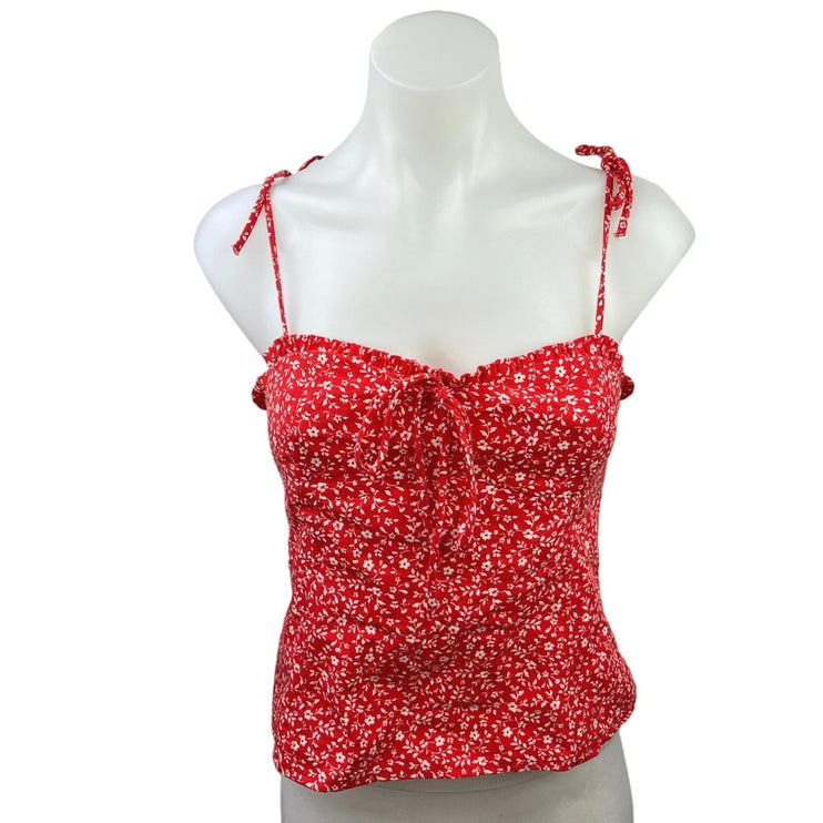 ZARA Red Floral Print Tie Strap Sleeveless Smocked Corset Style Tank Top Size M