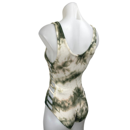 Don't Ask Why Green Cream Tie Dye Ribbed Knit Sleeveless Tank Bodysuit Top OS