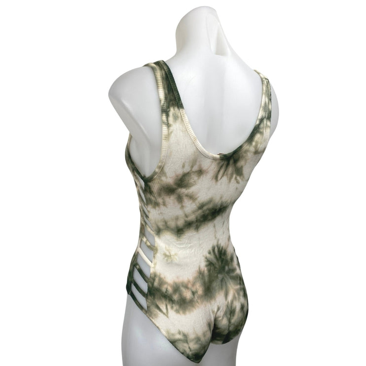 Don't Ask Why Green Cream Tie Dye Ribbed Knit Sleeveless Tank Bodysuit Top OS