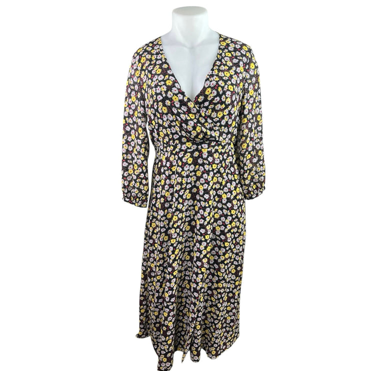 Madewell Black Yellow Floral Long Sleeve V Neck Faux Wrap A Line Maxi Dress 14