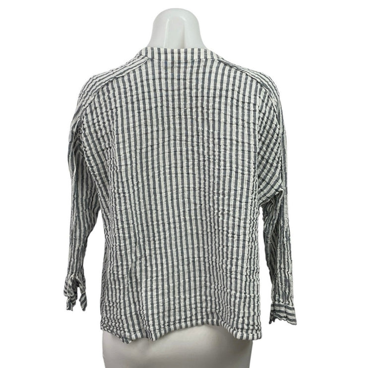 Zara Women Gray White Striped 3/4 Sleeve Pocket Button Henley Shirt Top Size S