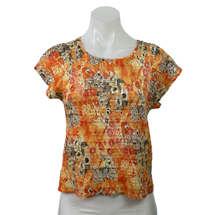 Belissimo Women's Coral Floral Short Sleeve Smocked Stretch Blouse Top Size LP