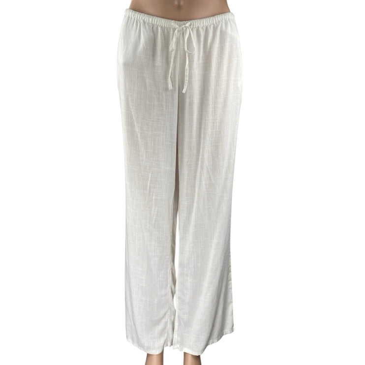 NEW H&M Divided Women's White Linen Wide Leg Mid Rise Lounge Trousers Pants L
