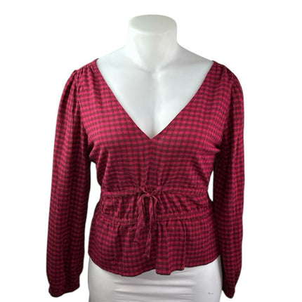 Madewell Red Long Sleeve Plaid Crinkle V Neck Tie Peplum Blouse Top Size XL