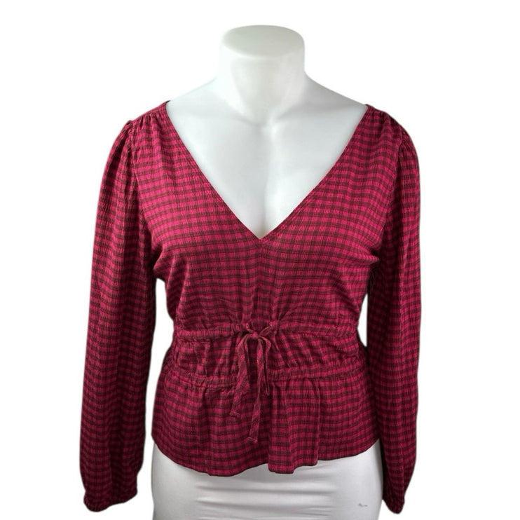 Madewell Red Long Sleeve Plaid Crinkle V Neck Tie Peplum Blouse Top Size XL