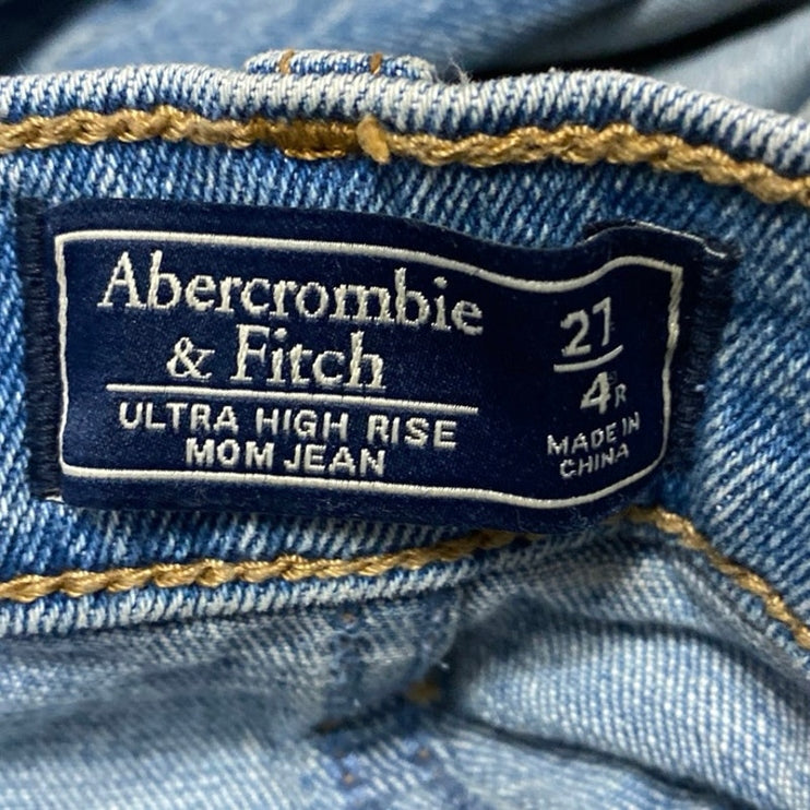Abercrombie & Fitch Ultra High Rise Mom Blue Distressed Denim Jeans Size 27