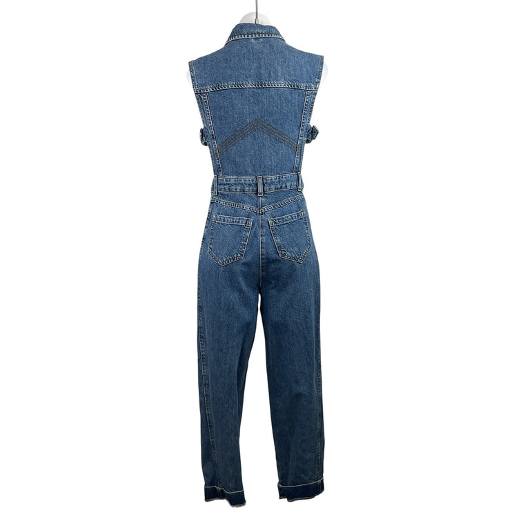 Topshop Women's Blue Sleeveless Denim Jean Button Up Overalls Jumpsuit Size M