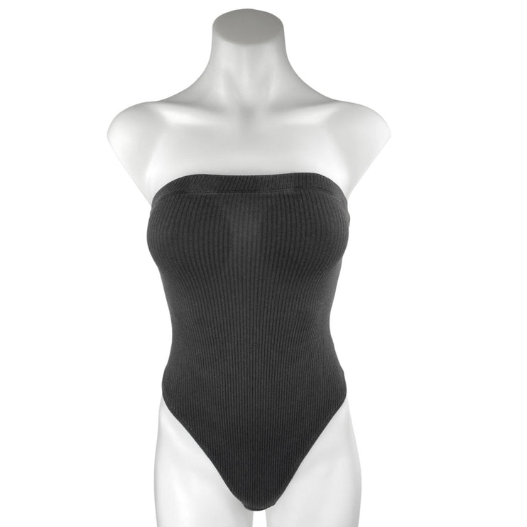 Urban Outfitters Black Ribbed Strapless Tube Bandeau Thong Bodysuit Top Size S