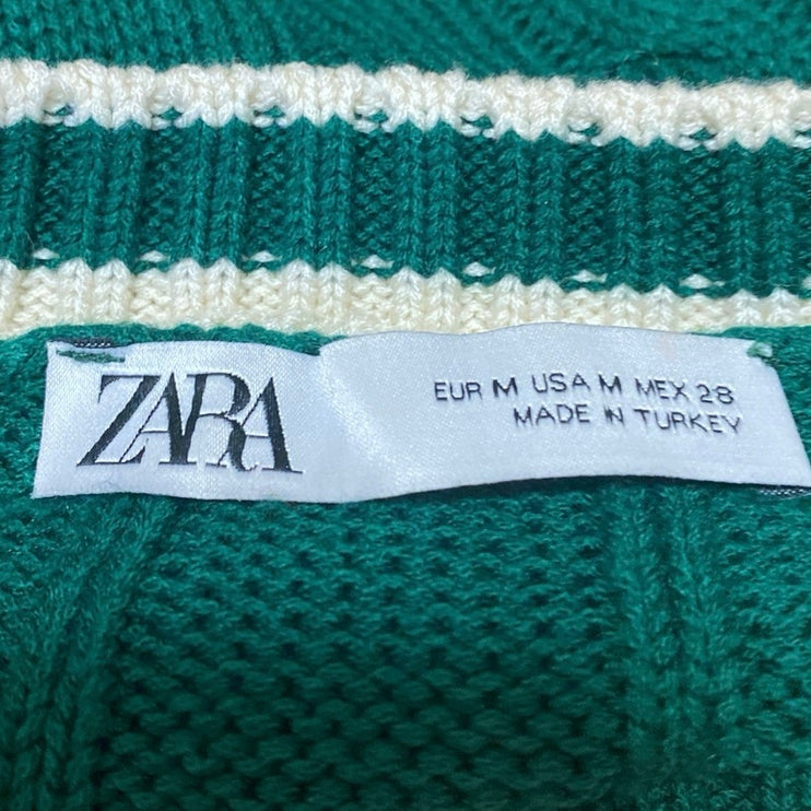 Zara Women's Green Cable Knit V-neck Long Sleeve Sweatshirt Sweater Top Size M