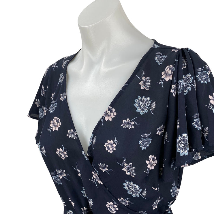 Ann Taylor LOFT Navy Blue Floral Short Flutter Sleeve Tie Wrap Peplum Blouse S