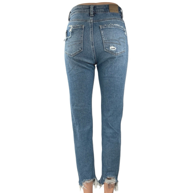 American Eagle Women's Blue Distressed Stretch High Rise Mom Denim Jeans Size 0