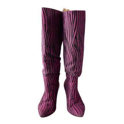 Nasty Gal Black Pink Zebra Animal Print Faux Fur Pointed Toe Knee High Boots 8