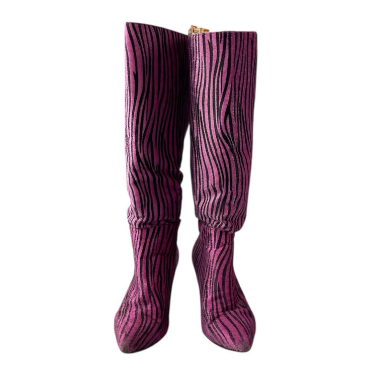 Nasty Gal Black Pink Zebra Animal Print Faux Fur Pointed Toe Knee High Boots 8